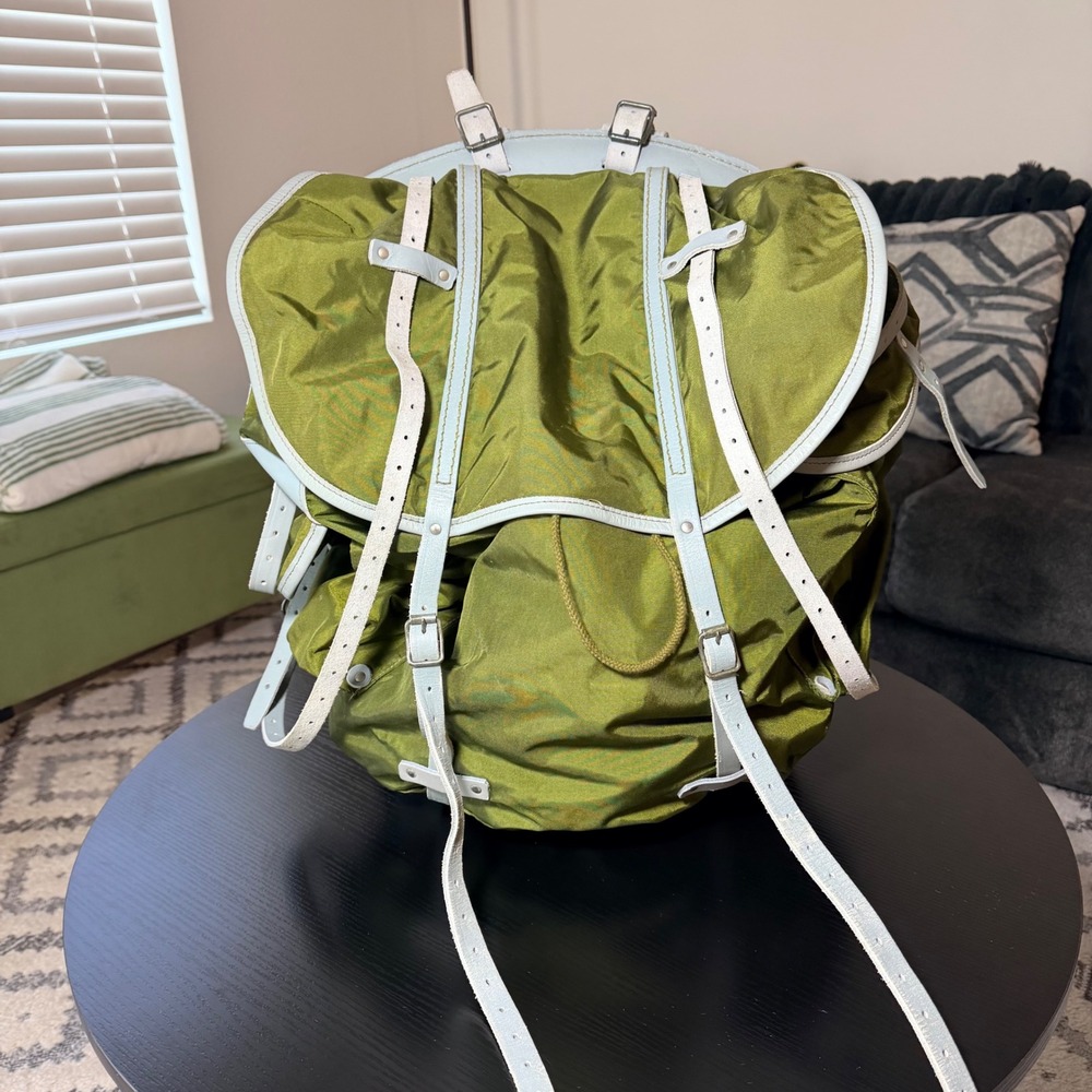 Vintage Norwegian Military Rucksack External Frame Backpack Green Leather Strap